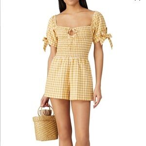 LeRumi Sienna Yellow Gingham Plaid Farmhouse Bohemian Women XS Peasant Romper